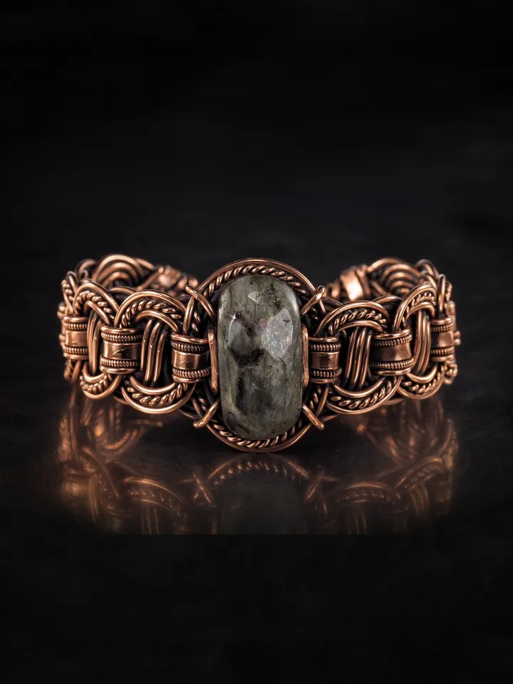 Copper wire wrapped larvikite bracelet Unique bangle 7th Wedding Anniversary