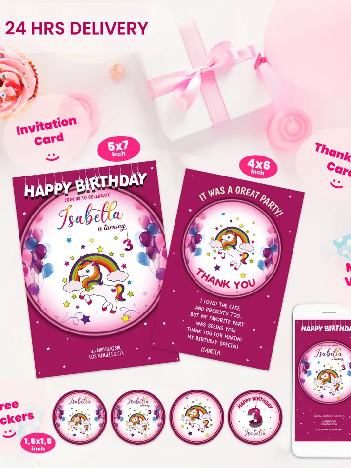 Personalized Digital Birthday Invitation, Unicorn Party Bundle, Kids Birthday Invitation Bundle, Birthday Invite Set, Unicorn Party Set