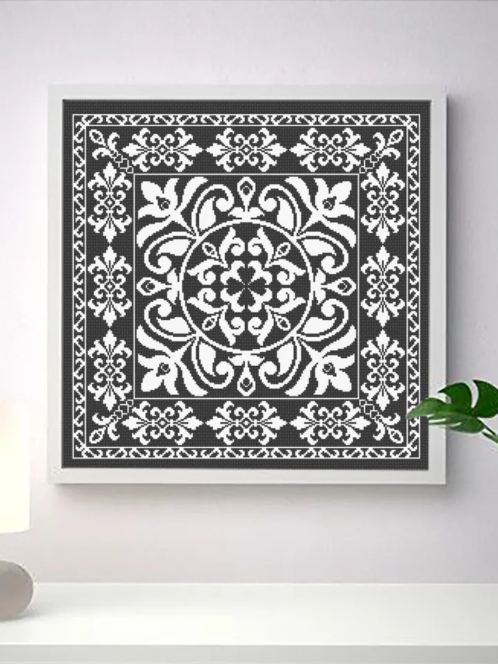 Square mandala cross stitch pattern PDF download Modern vintage ornament cross stitch, Monochrome mandala pattern digital PDF #M145
