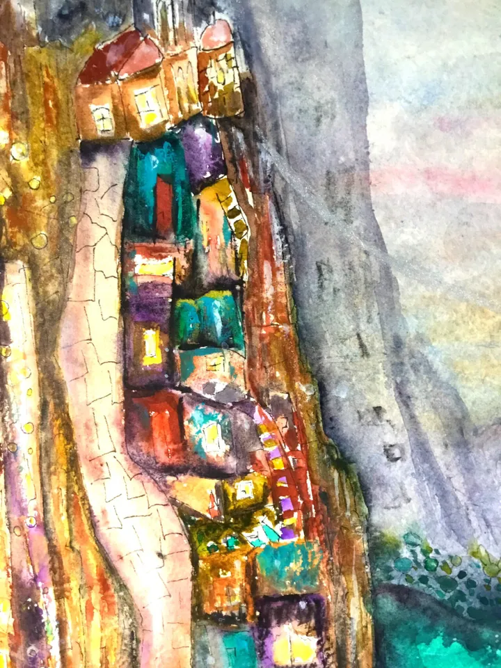 Abstract watercolour painting,original watercolour wall art,fantasy landscape,architecture and cityscape painting.