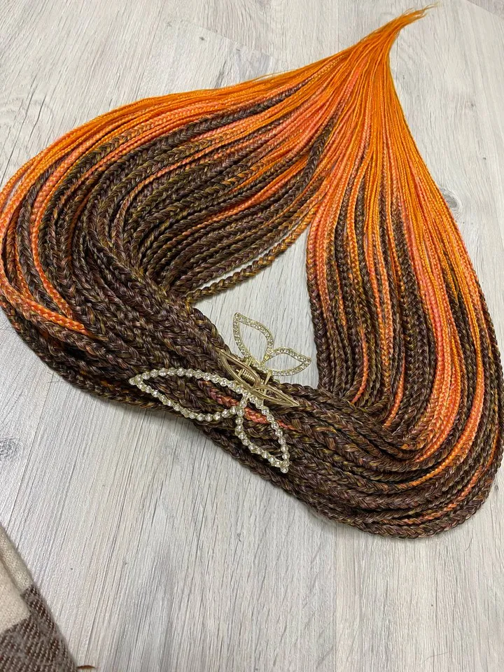 Ombre synthetic Braids brown to orange with loose ends, Double ended synthetic dreadlocks. DE hair extensions.
