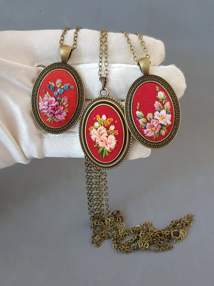 Handmade jewelry, Ribbon embroidered pendant for her
