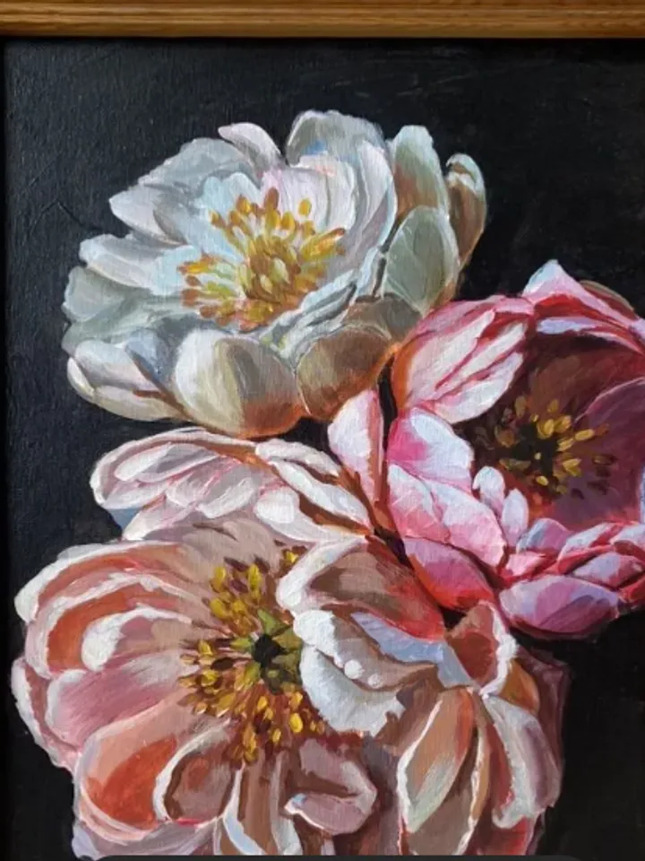 Painting on canvas "Three peonies", acrylic, size 30 x 40 cm