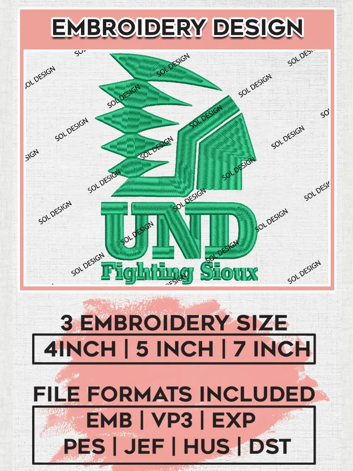 UND Fighting Sioux Football Team Logo Embroidery Design Files, NCAA North Dakota Fighting Hawks Machine Embroidery, NCAA Teams, Game Day, 3 sizes, NCAA Machine embroidery designs, Digital Download