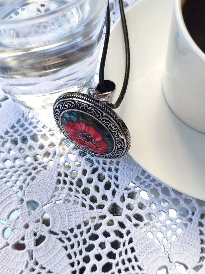 Pearl pendant necklace: Exquisite Red Poppy on Heliotis Pearl Pendant featuring an intricate openwork frame • Elegant red floral necklace