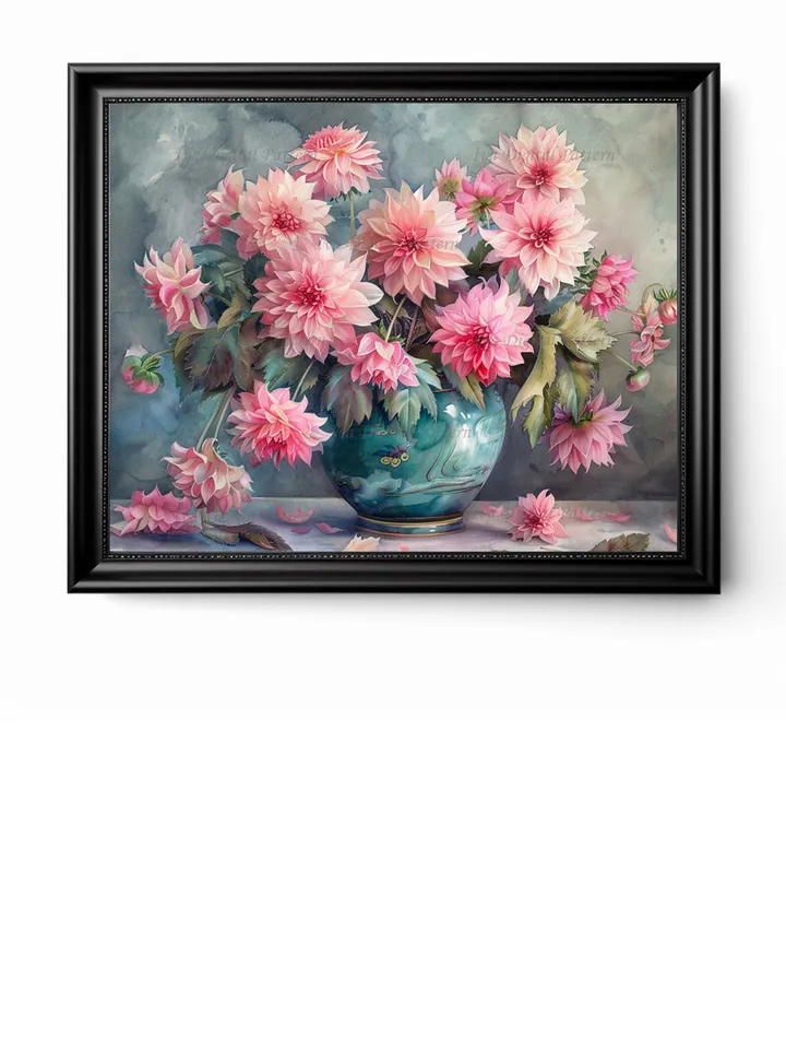 Bouquet of pink dahlias in a vase watercolor drawing, digital illustration, digital painting , wall art decoration. AI