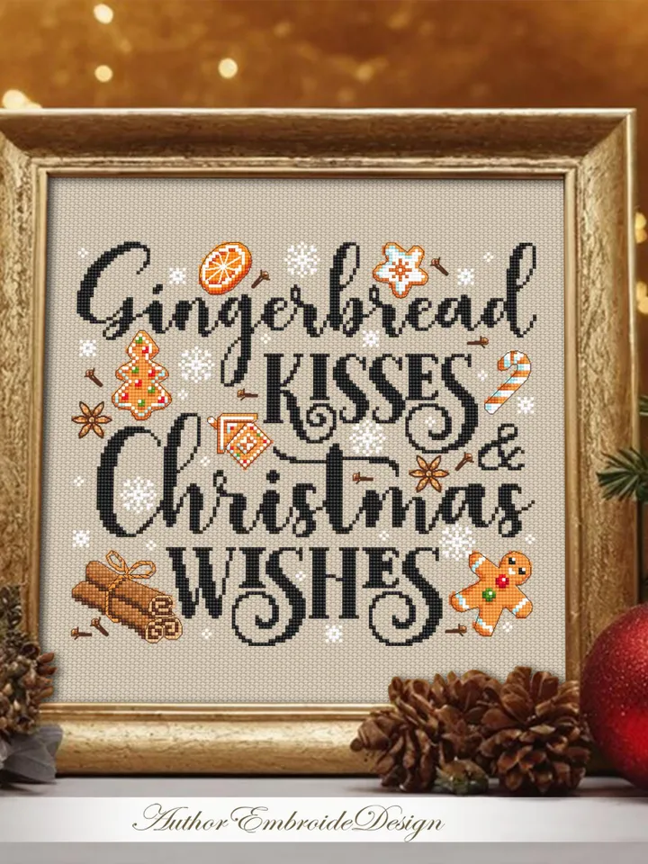 Christmas gingerbread cross stitch pattern PDF download Gingerbread kisses and christmas wishes, Merry Christmas pattern digital PDF #N169