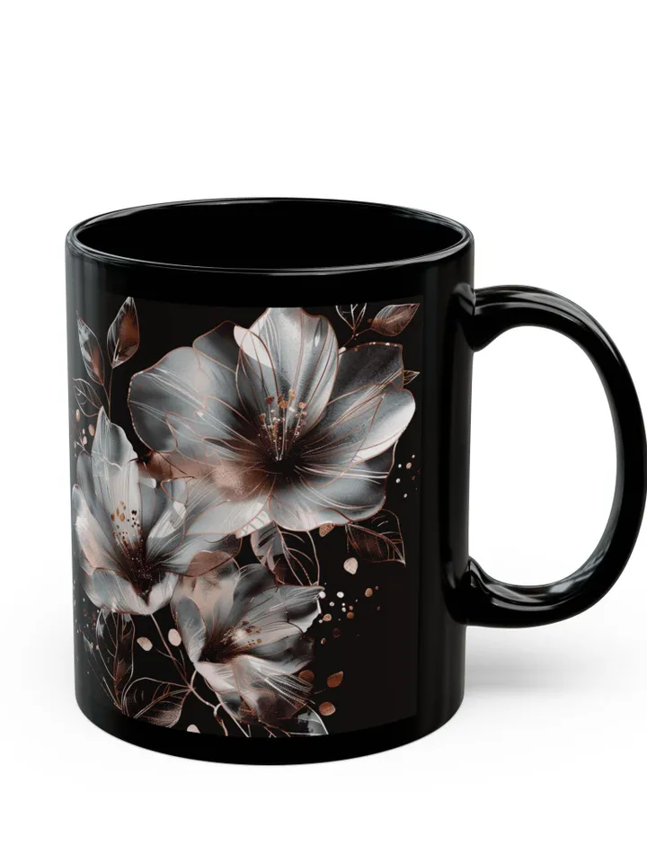 Elegant Floral Mug, Botanical Coffee Cup, Black Ceramic Drinkware, Gift for Gardeners, Mother's Day Present