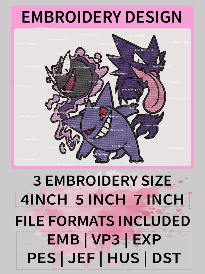 Pokemon Gastly, Haunter & Gengar Embroidery Design, Pokemon Dmbroidery, Anime Design, Embroidery file, Digital download
