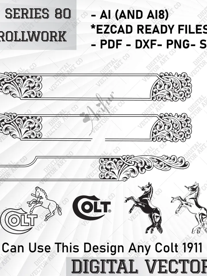 Colt MK iv Series 80 simple scrollwork for laser engraving.colt 1911 svg,svg scroll file,patterns svg,ezcas file svg,svg gun engraving.svg