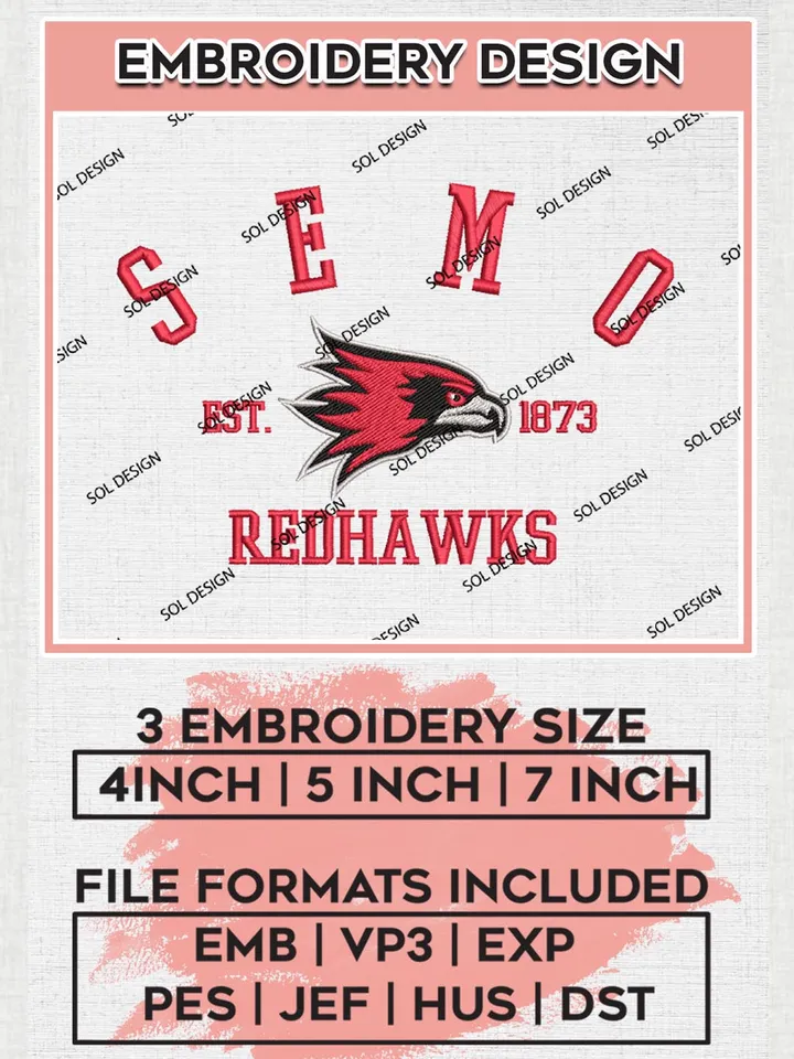 SEMO Redhawks Est 1873 Embroidery Designs, NCAA Southeast Missouri State Redhawks Team Embroidery, NCAA Team Logo, 3 sizes, Machine embroidery Files, Digital Download