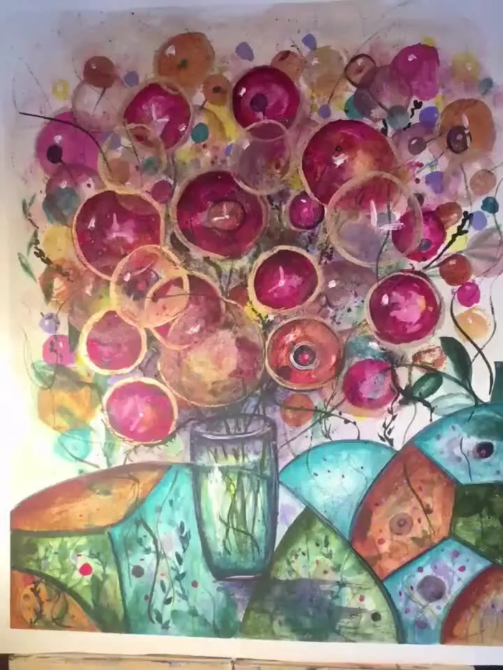 Flowers in a vase  fantasy,original watercolor painting,colourful fantasy flowers wall art,home decoration,gift