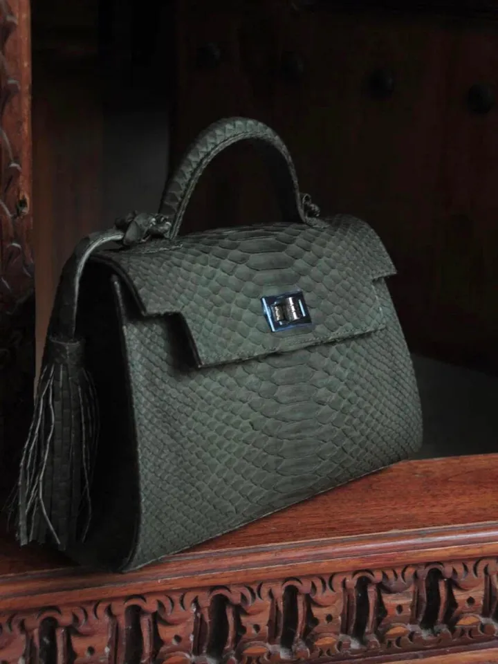 Top handle green khaki classy IDA genuine python skin bag | exotic leather bags | Elegant everyday women purse | snakeskin bag| designer bag