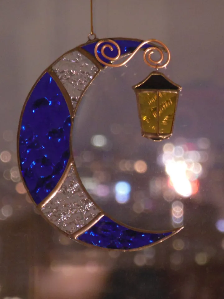 Moon with Street Light . Stained glass window hanging Suncatcher , idea for anniversary , birthday and Christmas gift