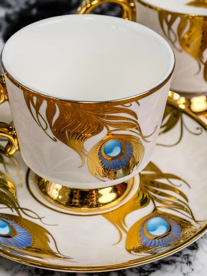 14K Gold Powder Peacock Porcelain Tea Cups And Saucers | Tea Cups Saucers Set | Gold Porcelain Set | Elegant Teaware | Gift For Tea Lovers