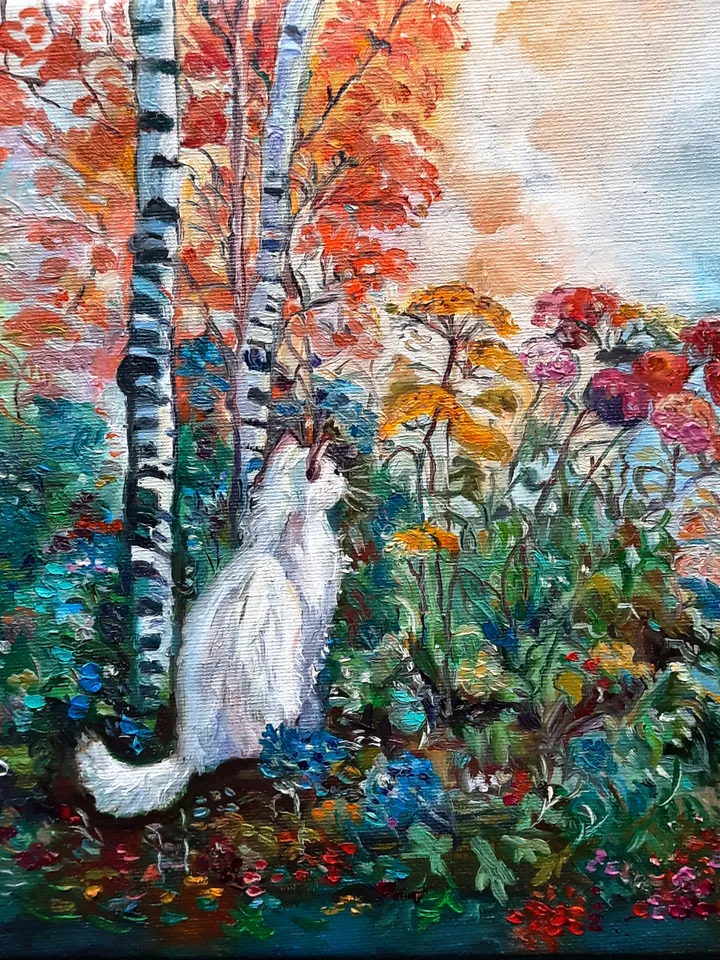 White Cat Original Oil Painting Oil on canvas