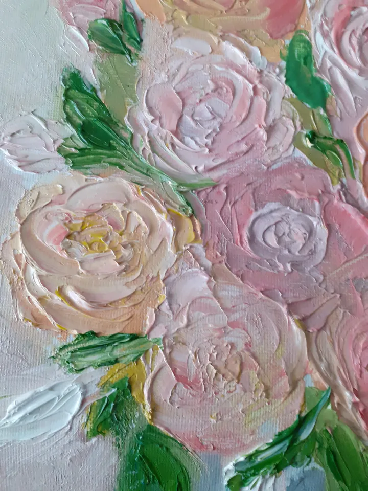 Oil Painting Bouquet of Tea Roses In a Vase Roses Flowers Nature Canvas 12x8 Inches Unframed Wall Decor 3D Image Impasto New