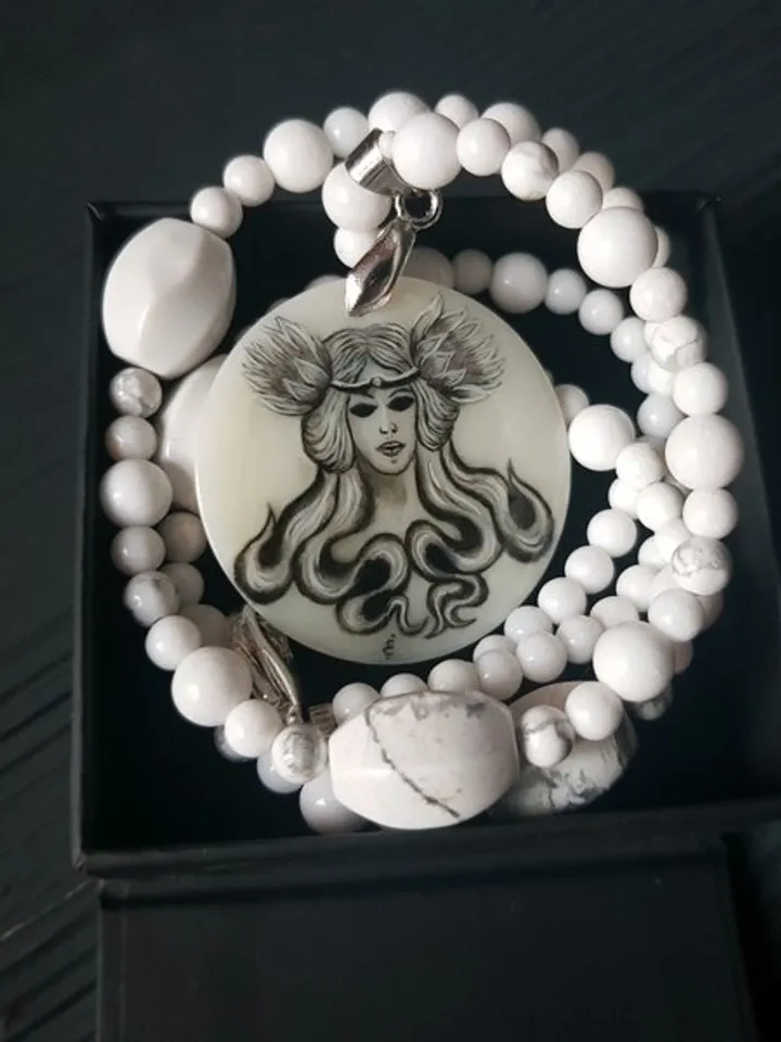 Witch craft necklace with miniature painting. Mermaid, valkyrie on pearl pendant