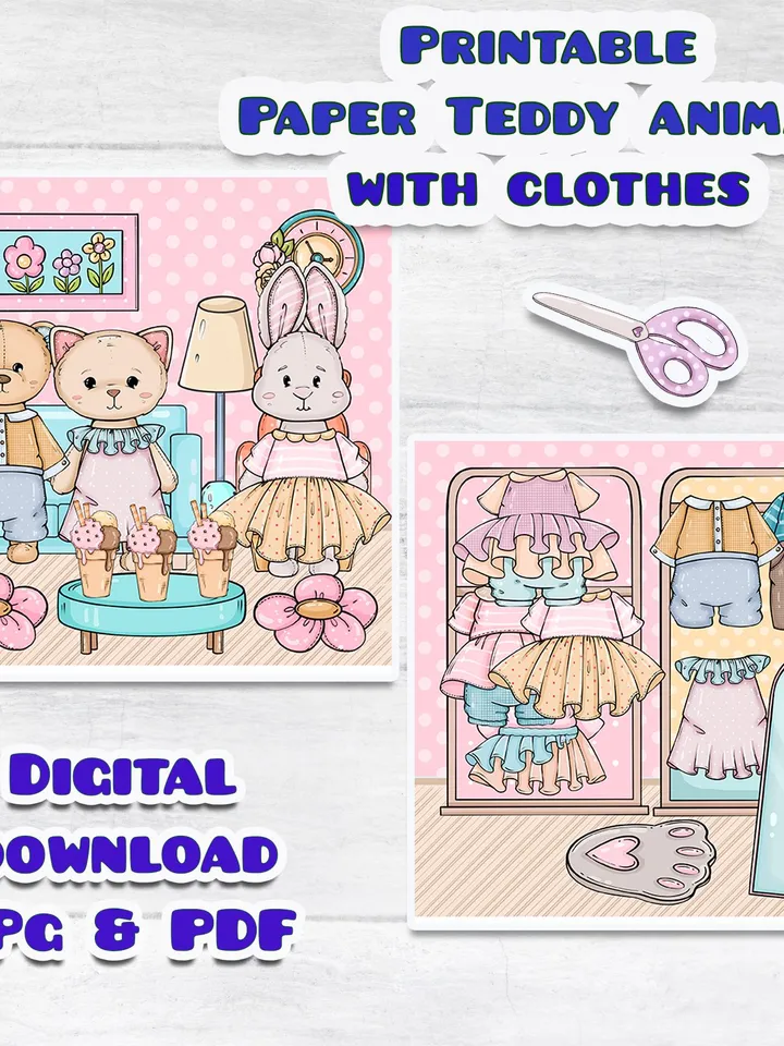 Printable Paper Teddy doll house, printable Teddy clothes set, Printable Paper dollhouse, Holiday Blythe paper doll Busy book printable kids