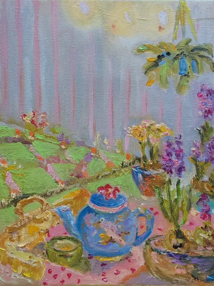 Oil painting on canvas 24x30cm (9.6x12 inches) "Tea Party in the Garden"