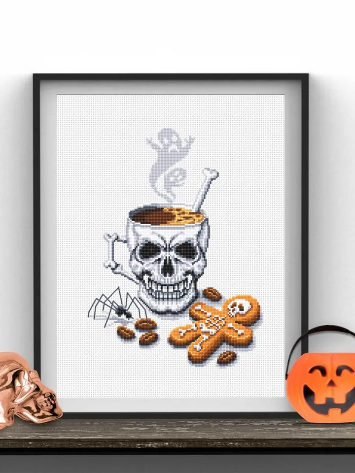 Halloween coffee mug cross stitch pattern download PDF, Gothic Halloween cross stitch chart, Horror Christmas cross stitch, Skull cup #H39