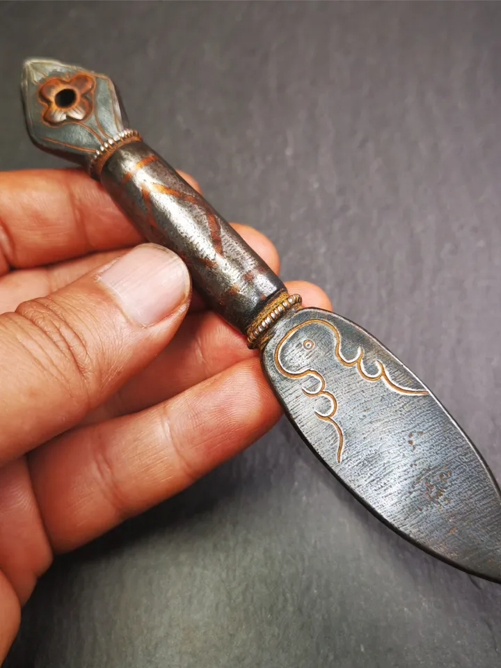 Gandhanra Handmade Tibetan Buddhist Ritual Implement - Kila -Dorje Phurba,Made of Cold Iron inlaid with Copper,5.5"