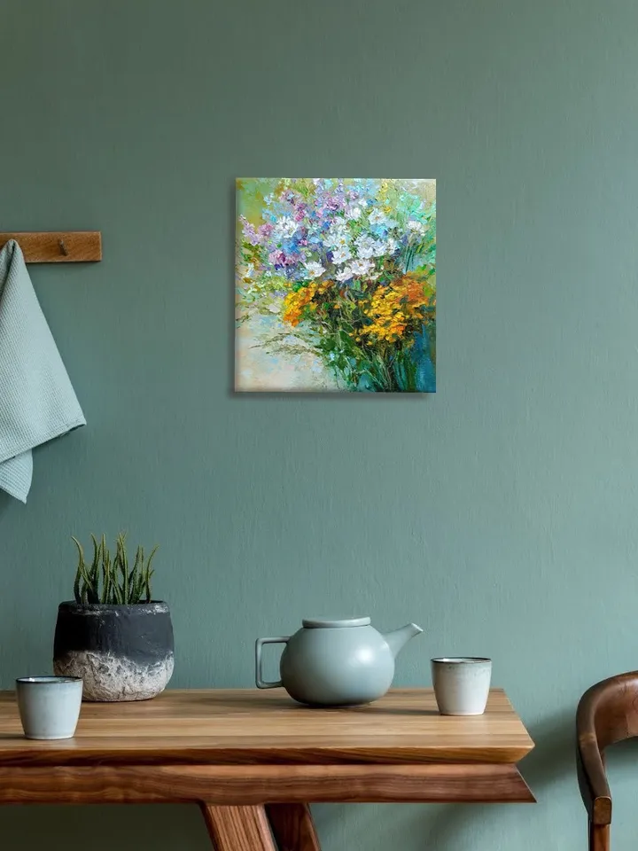 Oil Painting Bouquet Chamomile Flowers Original Artwork Canvas Wall Art Impasto Wild Flowers Painting 12 by 12 inches by Elena