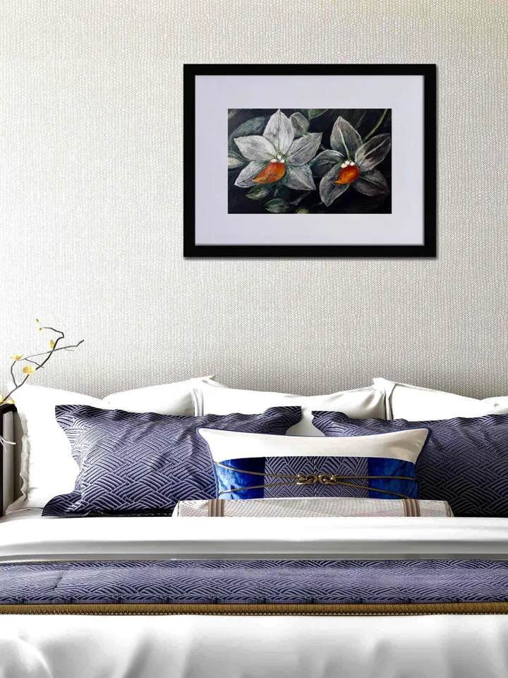 White orchids on black background Matte Paper Framed Poster,orchids painting,flowers wall art,home decoration gift.