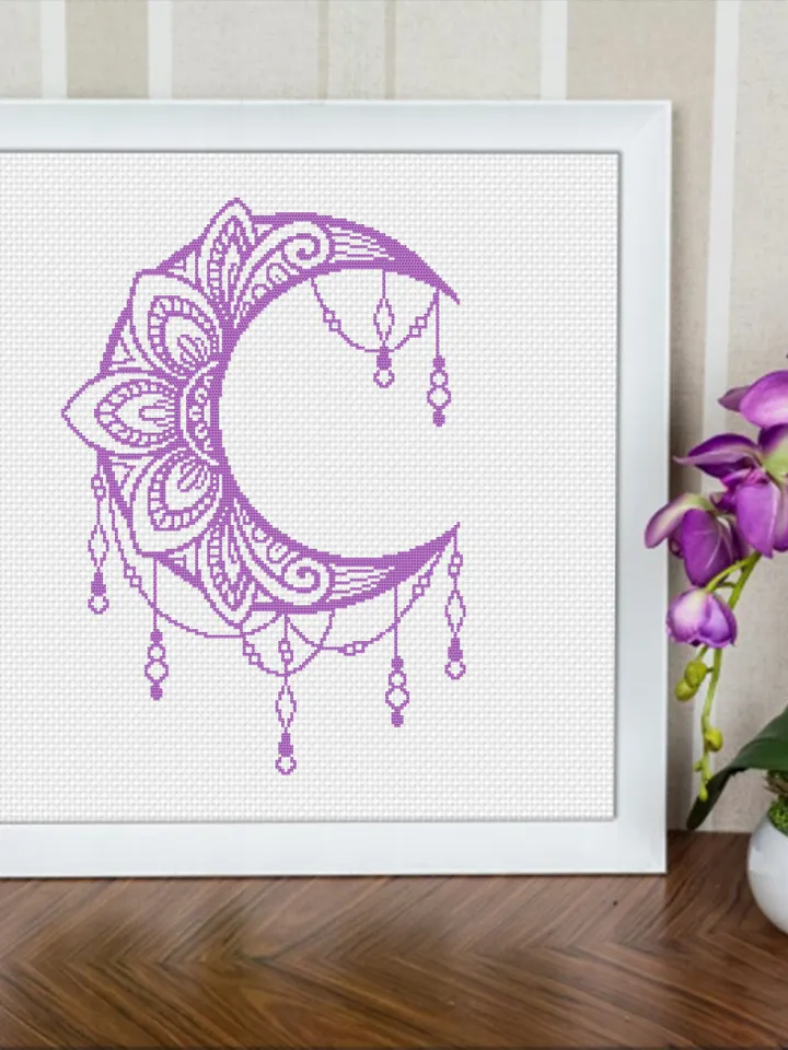 Crescent moon cross stitch pattern PDF download Mandala cross stitch chart, Mandala moon pattern digital PDF, Moon ornament embroidery #M192