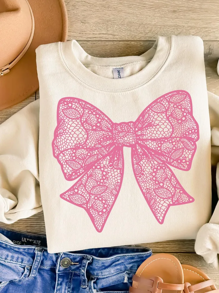 Coquette White Lace Bow PNG Coquette Bow Shirt Design Faux Embroidery Girly Valentines Day PNG Easter PNG Spring Png Mothers Day Girly Png