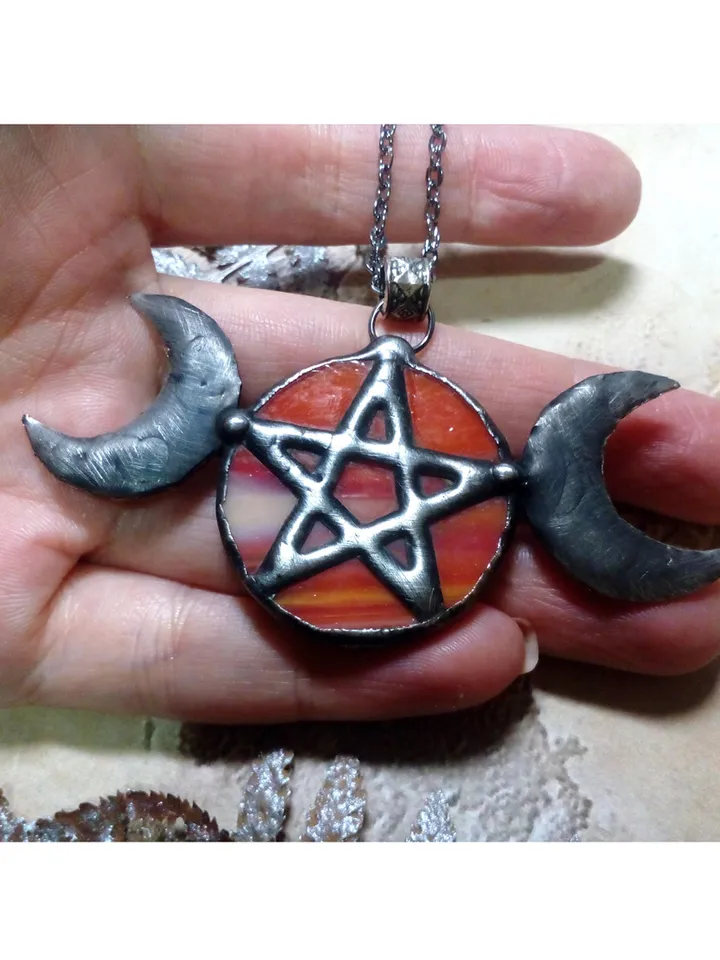 Hecate necklace, Pentacle, Moon Goddess, Stained glass moon, Moon phase necklace, Stainglass crescent, Full moon pendant