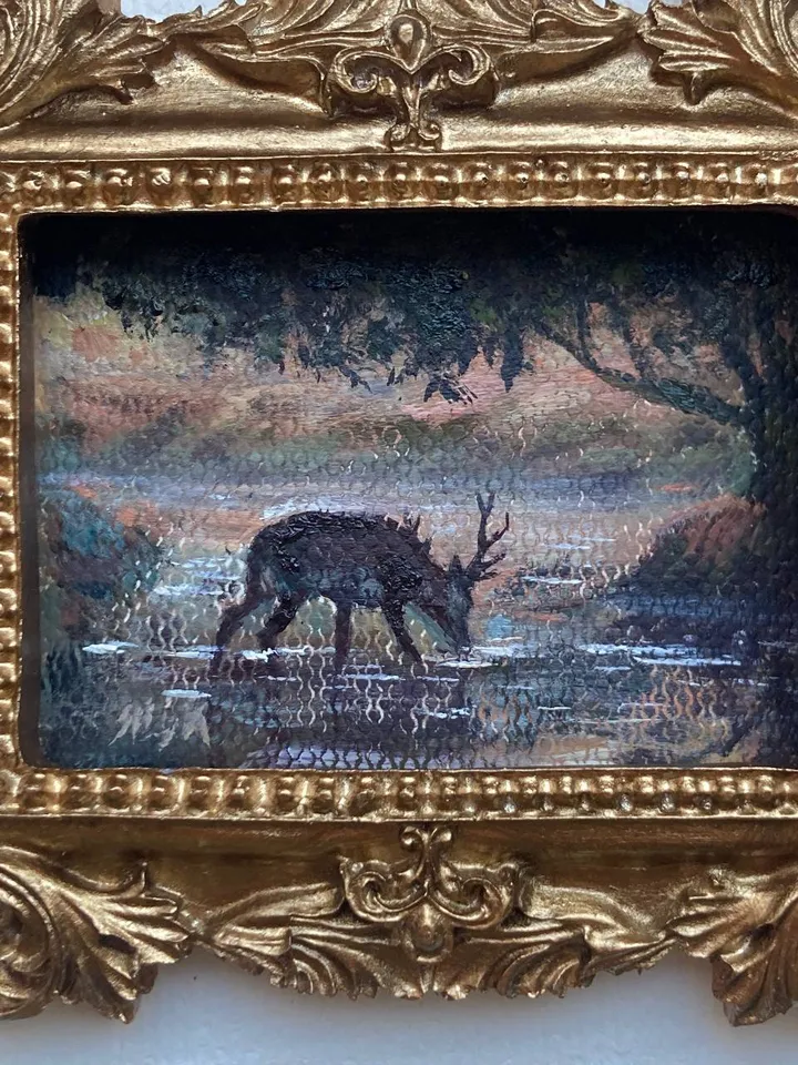 Forest Deer Landscape Oil Painting Original In Vintage Style Frame Small Framed Oval Painting Art