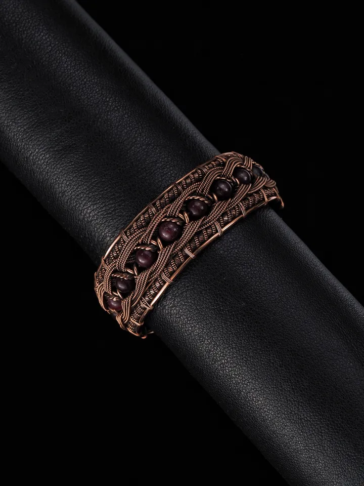 Copper wire wrapped garnet bracelet Unique bangle 7th Wedding Anniversary