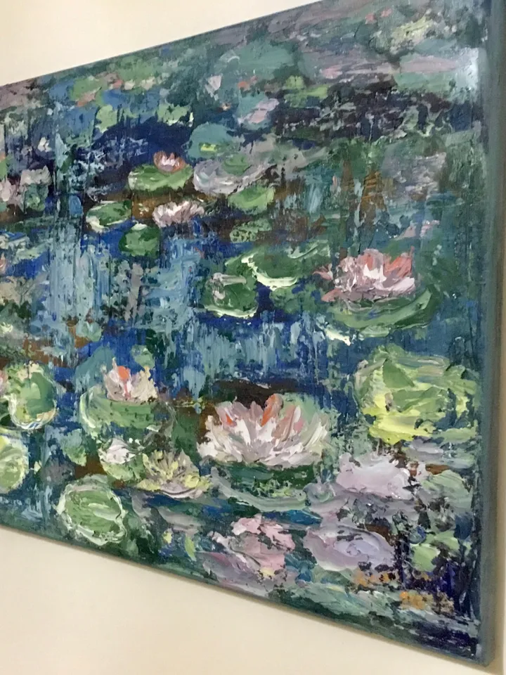Waterlillies original oil painting on stretched canvas,textured impasto painting,pond of waterlilles,impressionistic,wall hanging,gift.