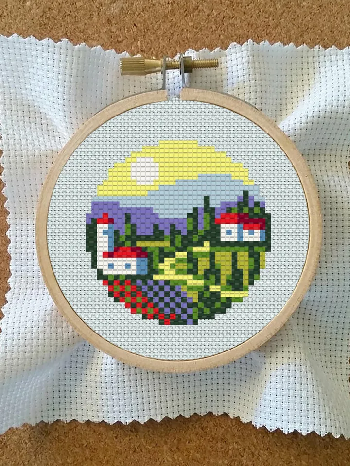 Small cross stitch pattern download PDF Italy village cross stitch Nature landscape embroidery PDF Tiny picture cross stitch beginner #L20