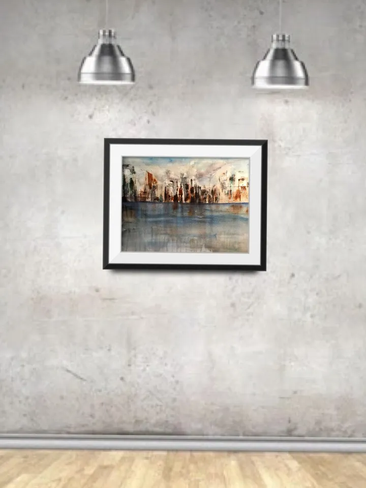 Semi-Abstract watercolour cityscape,original watercolour painting,cityscape wall art,seascape,skyline,skyscapes,blue grey copper painting