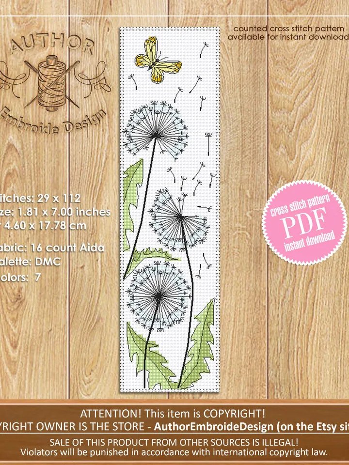 Dandelion bookmark cross stitch pattern download PDF Dandelion flowers cross stitch chart, Bookmark pattern digital, Floral backstitch #B413