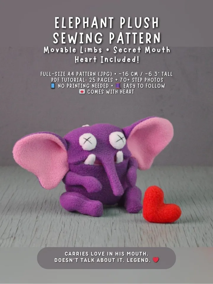 PDF Plush Toy Pattern β Fleece Elephant with Heart Softie