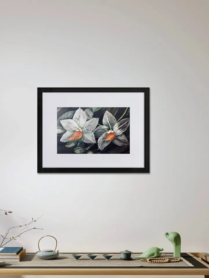White orchids on black background Matte Paper Framed Poster,orchids painting,flowers wall art,home decoration gift.
