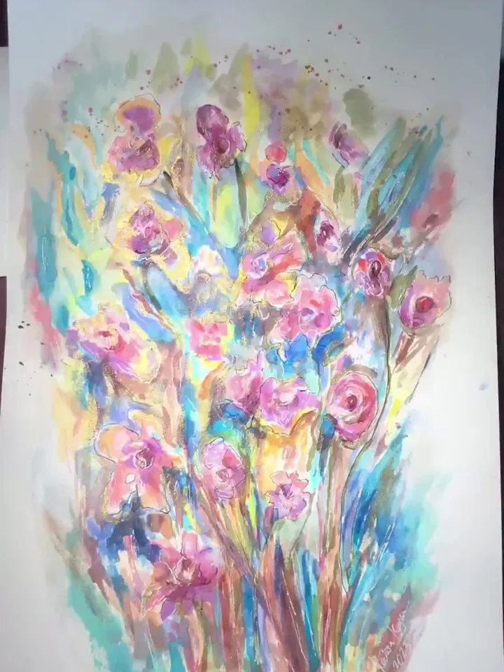 Flower fantasy original watercolor painting, flowers wall art, home decoration,gift,colourful flowers art.