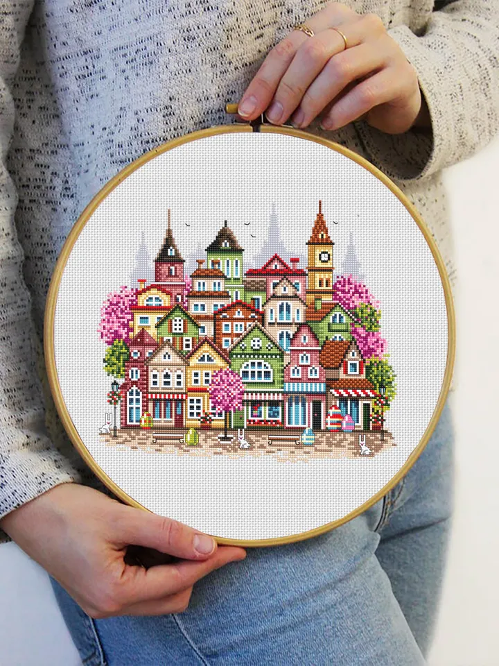 Spring houses cross stitch pattern PDF download Easter cross stitch, Spring city pattern digital, Urban landscape with cherry blossoms #E19