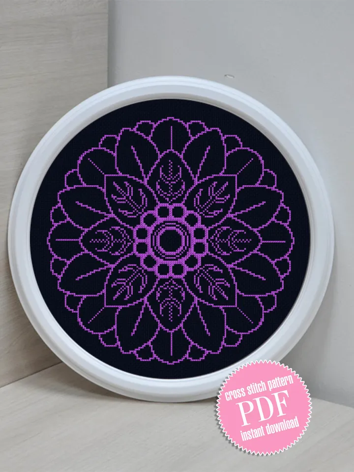 Flower mandala cross stitch pattern download PDF Floral ornament cross stitch chart Monochrome cross stitch Mandala pattern digital PDF #M31