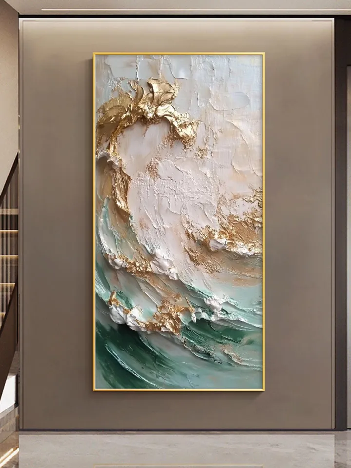 Original Abstract Golden Waves Oil Painting on Canvas | Elegant White, Gold, and Teal Art | Large Textured Wall Decor | Living room Wall Art