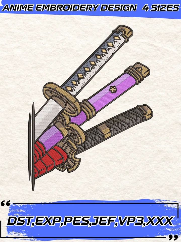 Three Swords Zoro One Piece Embroidery Design,One Piece Embroidery Design,4 Sizes,Instant Download