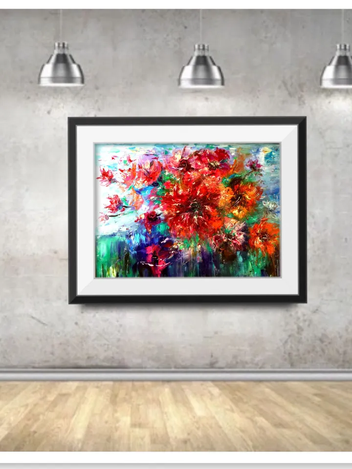 Flowers oil painting,Abstract red flowers on blue background, original oil painting on stretched canvas,handmade unique gift home decor.