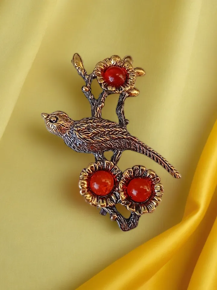 Bird on a branch with flowers Brooch Jewelry Nice gift for girl women Gold Red amber brooch Paradise Bird Brooch Summer jewelry Christmas small gift