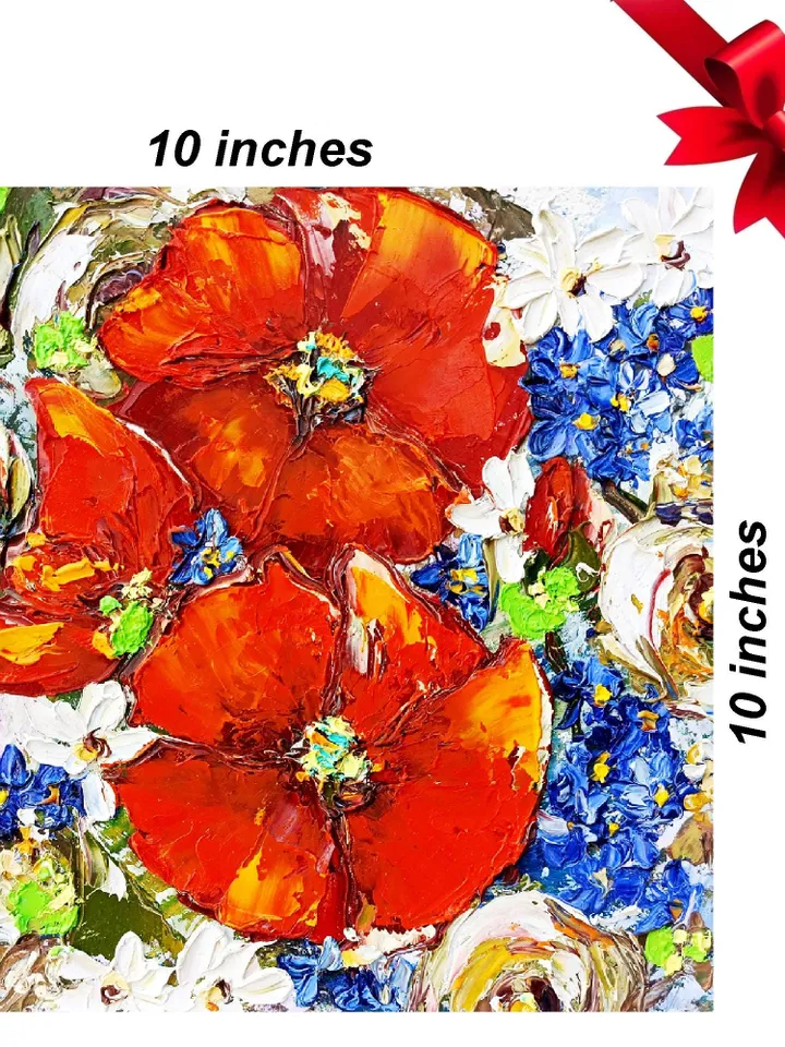 Poppy Painting Daisy Original Art Impasto Oil Painting Small Artwork Forget-me-nots Flower 10 by 10 inches by ArtProkopaloSv