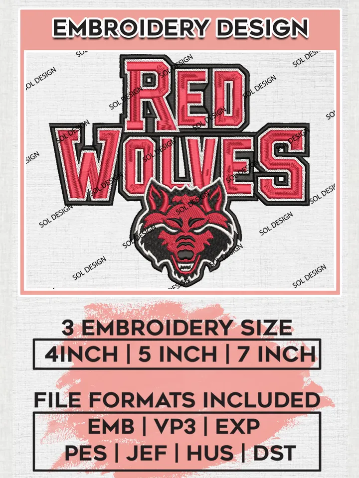 NCAA Red Wolves Team Logo Embroidery Design Files, NCAA Arkansas State Red Wolves Machine Embroidery, NCAA Teams, Game Day, 3 sizes, NCAA Machine embroidery designs, Digital Download