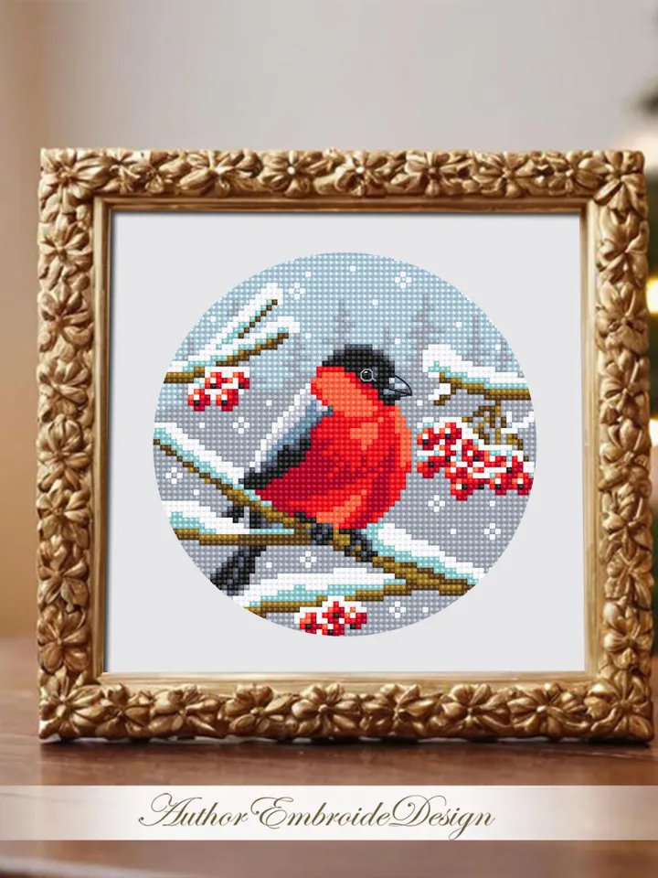Bullfinch cross stitch pattern PDF download Winter red bird cross stitch chart, Christmas pattern digital PDF Snow nature cross stitch #N167