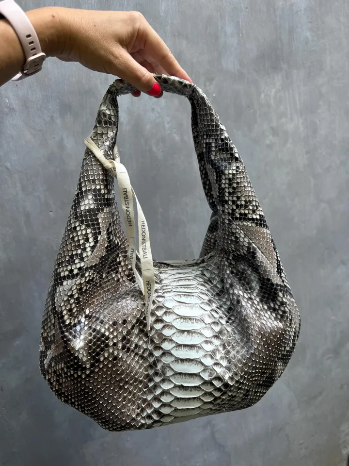 Medium Soft Hobo Classy Sport Woman Bag | Purse Genuine Python Skin | Reptile Skin Products | Gray Elegant Leather Designer Soft Bag Snake